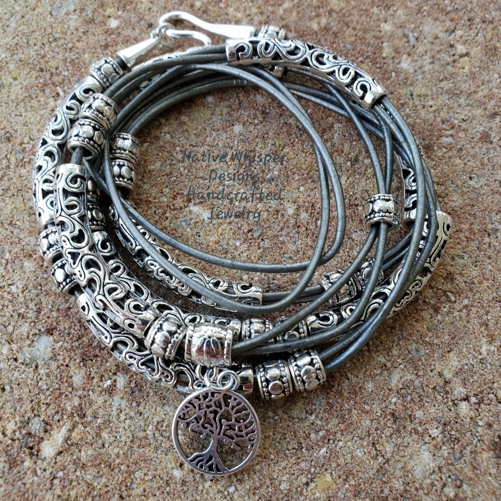 Leather wrap bracelet with Tree of Life charm